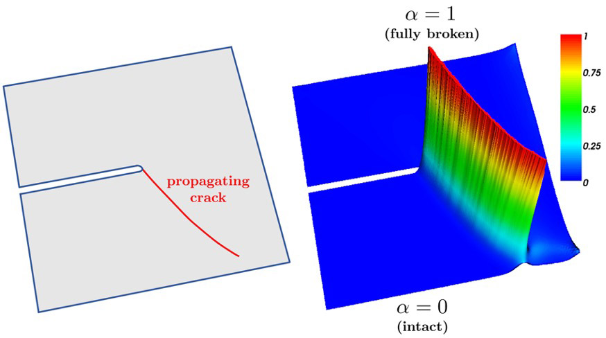 Fracture (sketchy) with α as the crack phase-field.