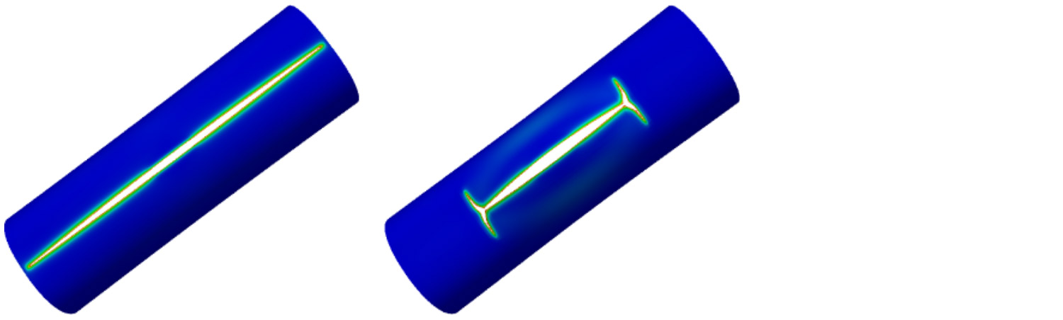 Diagrams showing fracture of a cylinder without and with tear straps under inner pressure