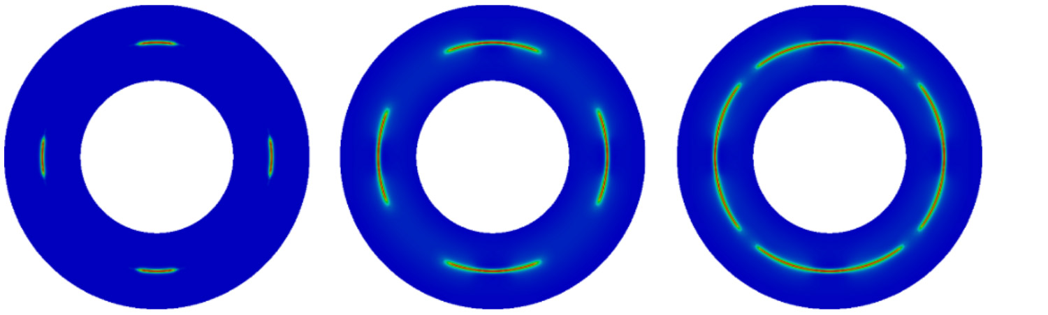 Diagrams showing fracture of an annular plate with initial cracks under uniform load