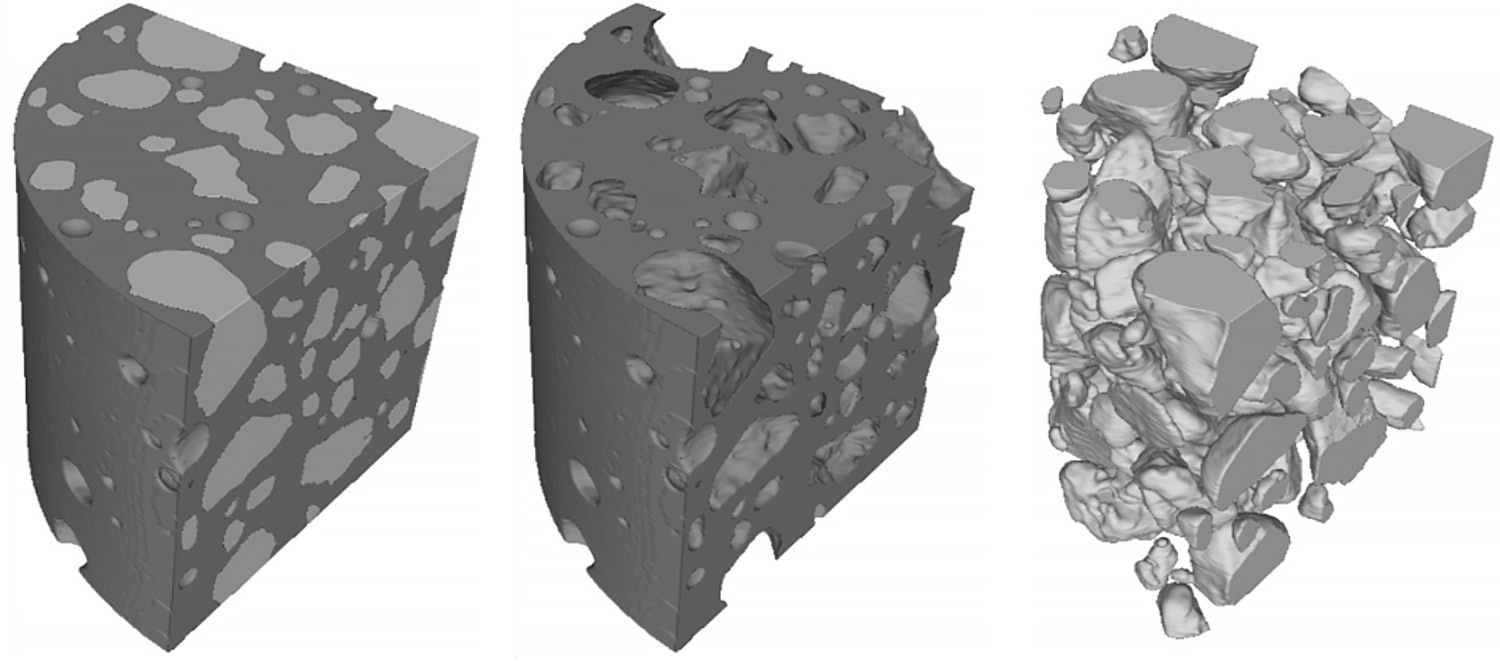 Enlarged view: Surfaces including the aggregates and the bulk matrix of the specimen with a baryte content of 2.6 %: aggregates and matrix (left), bulk matrix (middle) and aggregate particles (right)