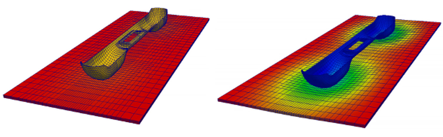 Diagram showing contact of a car bumper with a plate using an isogeometric T-Spline discretization. As opposed to NURBS, T-Spline basis functions enable local refinement, thus improving the computational efficiency.